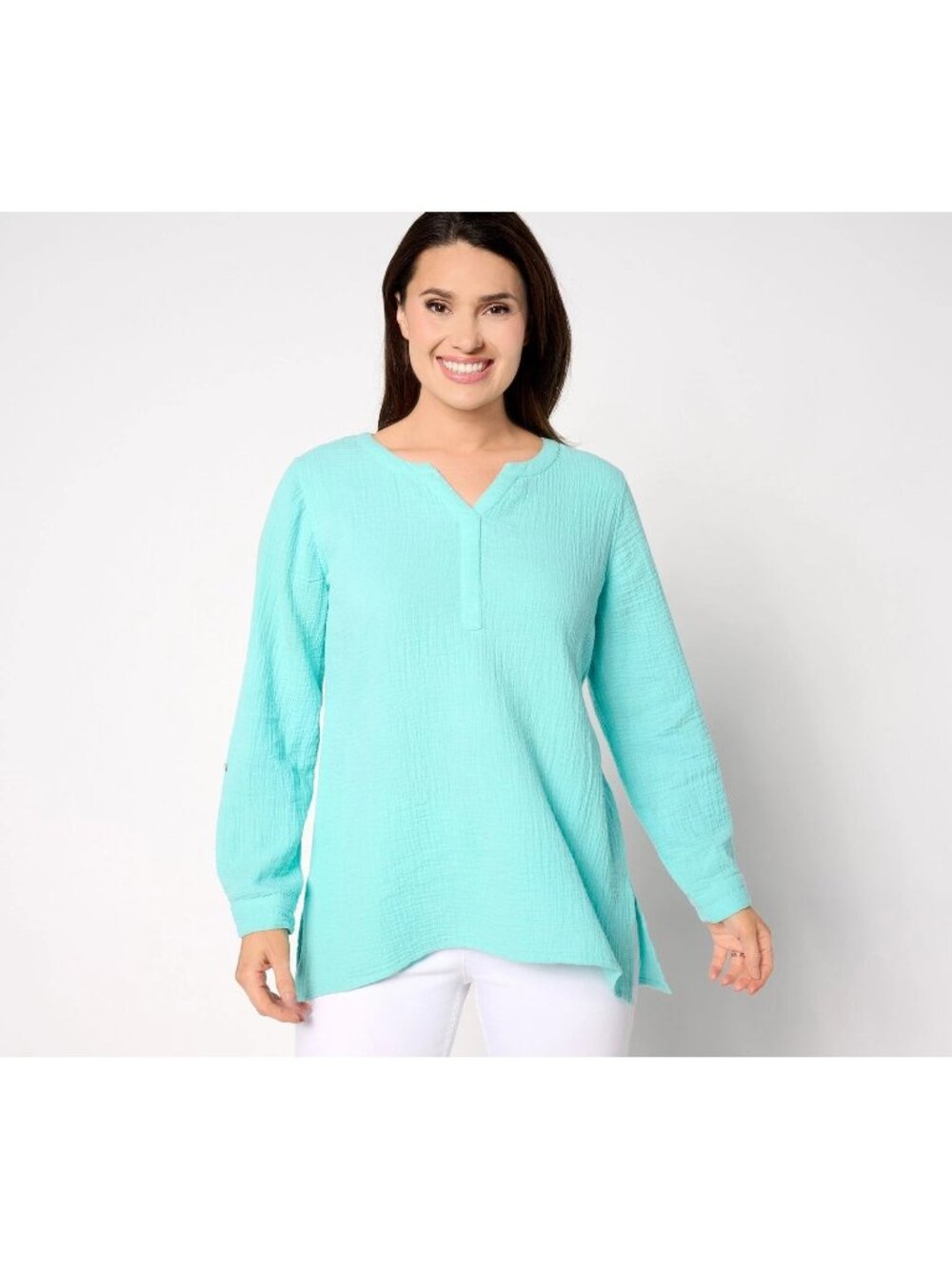 Susan Graver Women Top Tunic Sz XS PURE Cotton Gauze Split Neck Blue A647443